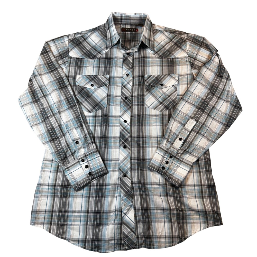 Roper Western Shirt Mens L Blue Plaid Good Pearl Snap Yoke Long Sleeve